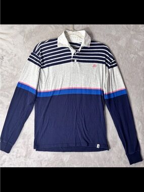 Aeropostale Shirt Rugby Polo Medium Slim Long Sleeve Striped Colorblock Blue